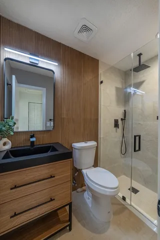 an aerial view of a fireplace with lots of trees