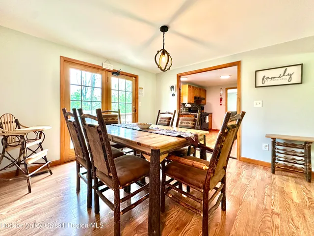 a view of a dining room with furniture window and wooden floor