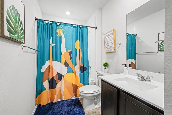 a bathroom with a sink a toilet and shower curtain