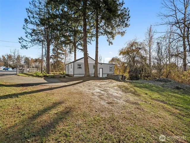 a view of road with large trees