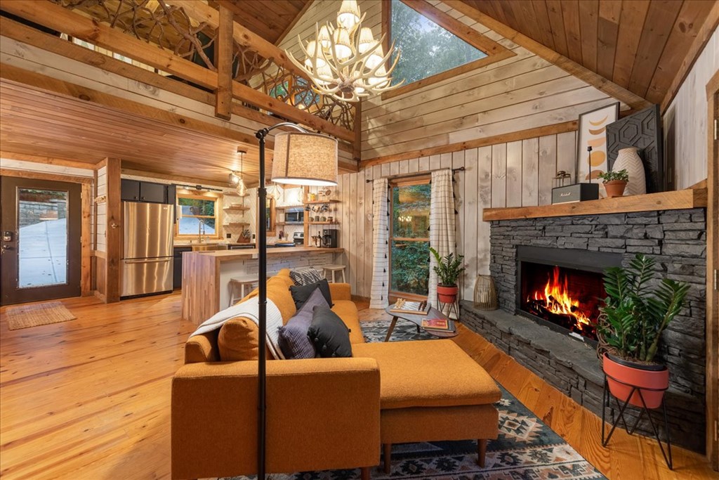 126 Brookwood Drive Blue Ridge, GA 30513 - Photo 41 of 84 a living room with furniture a fireplace a flat screen tv and a potted plant