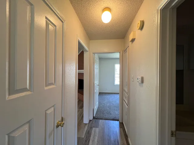 a view of a hallway with wooden floor