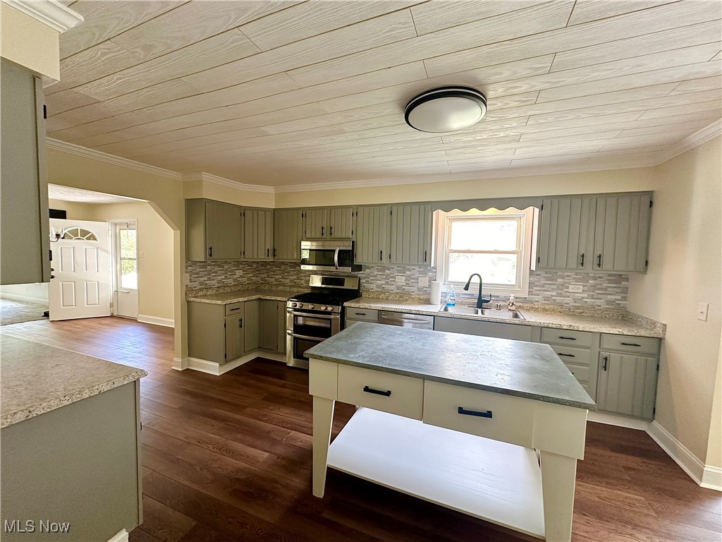 2372 Oak Grv Ext Road St. Marys, WV 26170 - Photo 9 of 23 Kitchen featuring wood ceiling, a kitchen island, stainless steel appliances, and sink