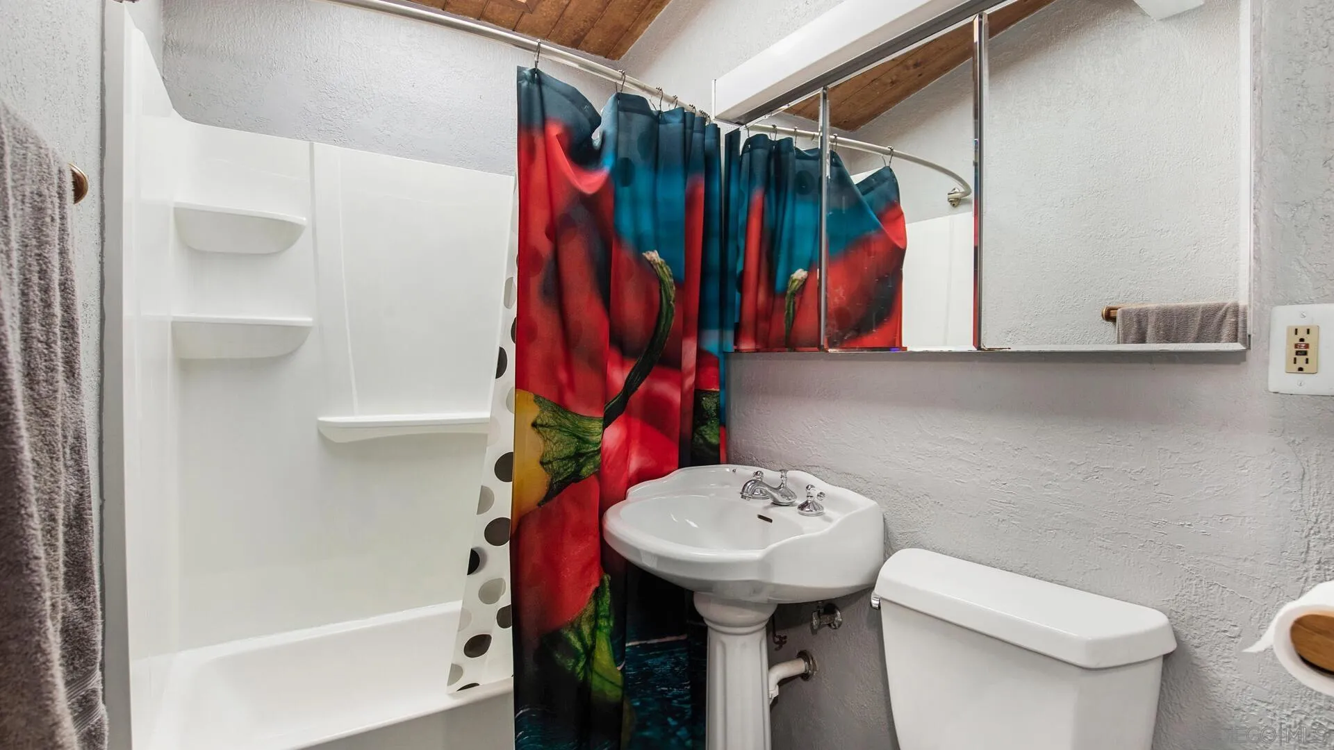 9243 Los Coches Road Lakeside, CA 92040 - Photo 20 of 30 a bathroom with a sink toilet and shower curtain