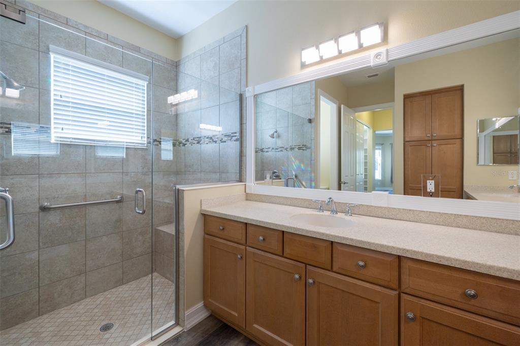 16122 Cedar Key Drive Wimauma, FL 33598 - Photo 50 of 98 a bathroom with a shower sink and mirror