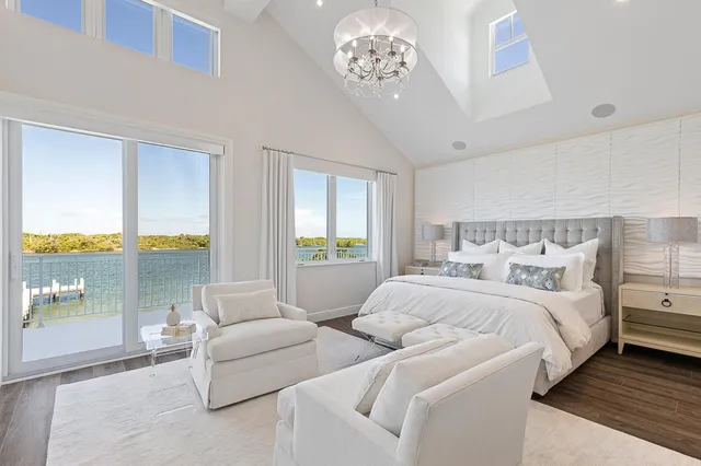 a bedroom with bed and a large window