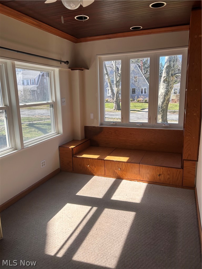 1001 Englewood Road Cleveland Heights, OH 44121 - Photo 8 of 28 Empty room featuring carpet, plenty of natural light, and wood ceiling