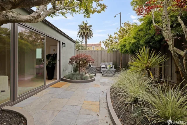 a view of a backyard with potted plants and large tree