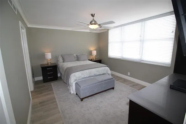 a spacious bedroom with a bed and a flat tv screen on a dresser