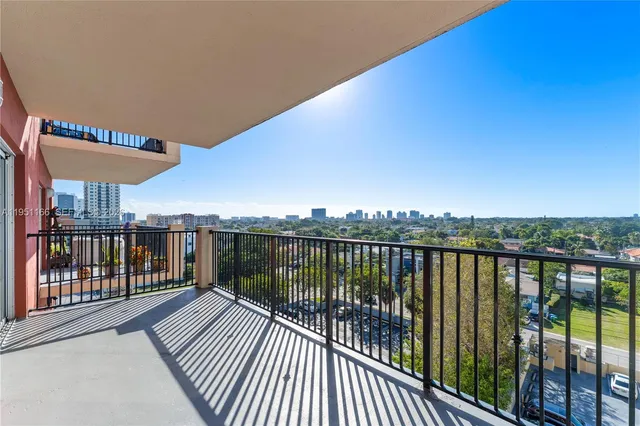 a view of balcony with city