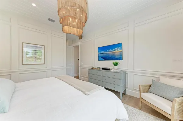 a spacious bedroom with a bed and a large window