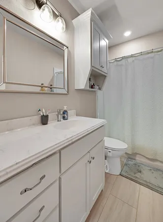 a bathroom with a sink a toilet and mirror
