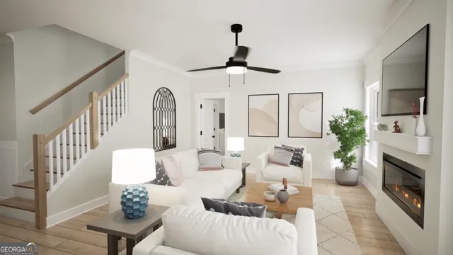 a living room with furniture a fireplace and a flat screen tv
