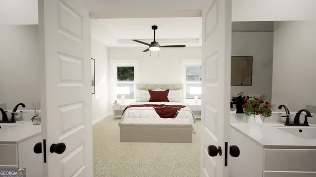 a bedroom with a bed and a white cabinet