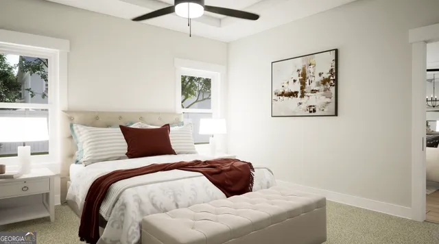 a bed room with a bed and a painting on the wall