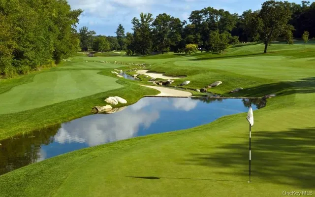 a view of a golf course with a lake view
