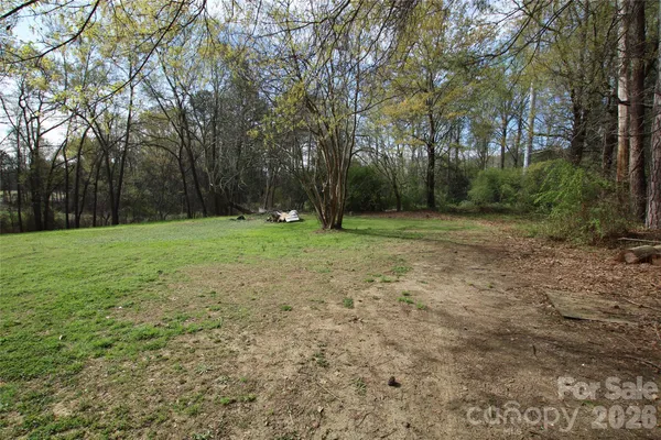 a view of a grassy field with trees in the background