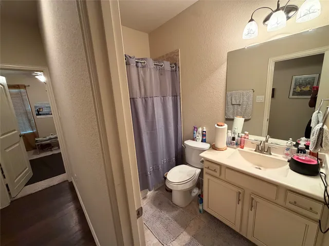 a bathroom with sink a toilet a mirror and shower curtain