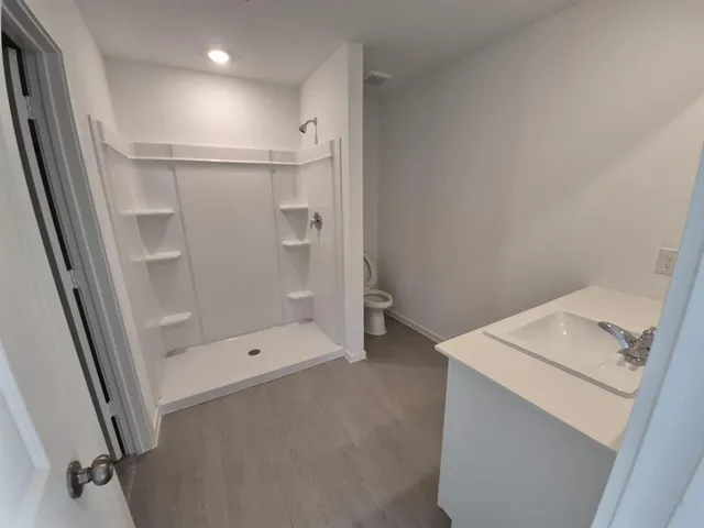 a bathroom with a shower and sink