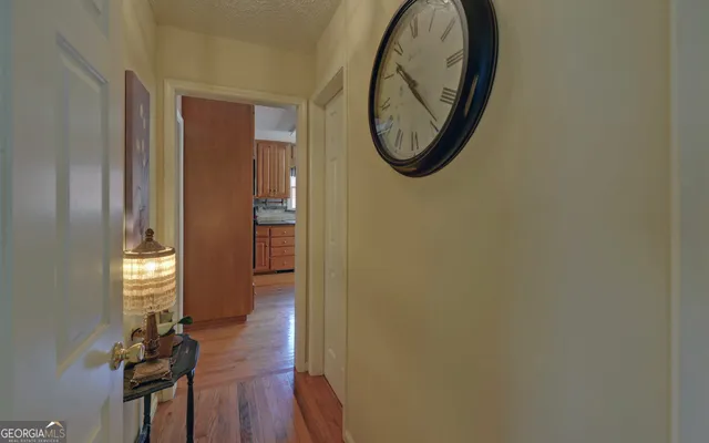 a view of a hallway with wooden floor and a mirror