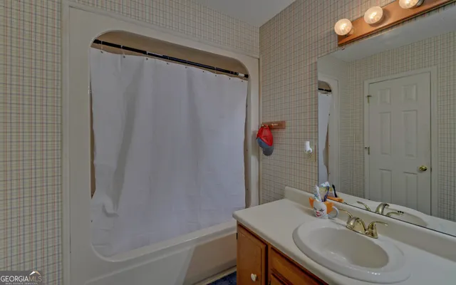 a bathroom with a sink vanity and a mirror