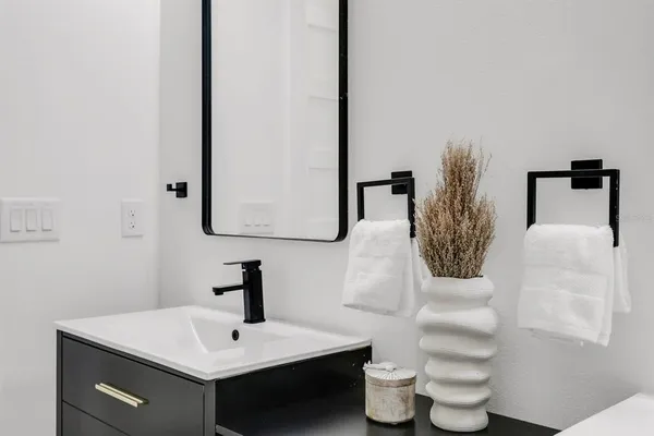 a bathroom with a sink and a mirror