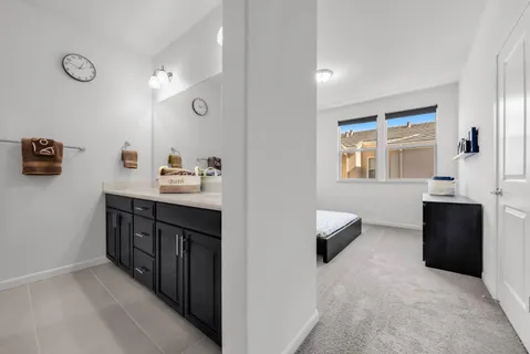 a bathroom with a double vanity sink a mirror and shower