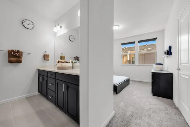 a bathroom with a double vanity sink a mirror and shower