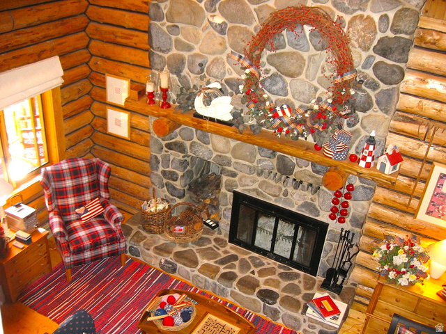 6210 Mountain View Road, Unit 133 Coalville, UT 84017 - Photo 19 of 87 A two-story fireplace made of gray river rock from American Fork Canyon, has a log niche, a raised hearth, and a log mantle. There is an electric blower to warm the main floor.