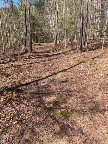 a view of a yard with wooden fence