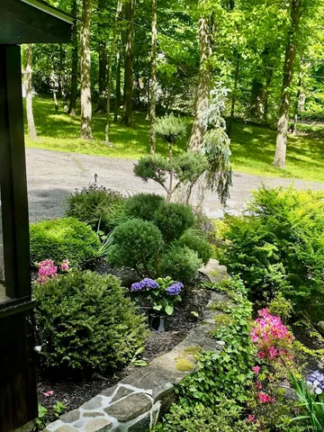 a view of a garden with a flower garden