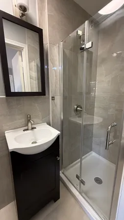 a bathroom with a sink a mirror and a shower