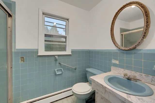 a bathroom with a sink a toilet and a mirror