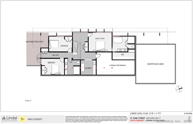 31 A June Road New Preston Marble Dale, CT 06777 - Photo 24 of 25 Floor plan for the lower level. Note the large guest suite with a spacious walk-in closet (16'6" x 5'6"), two additional bedrooms, and a gallery leading to the pool area.