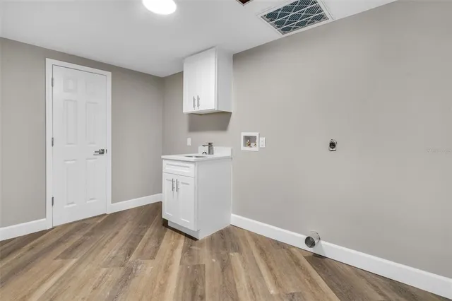 a view of storage and utility room with wooden floor