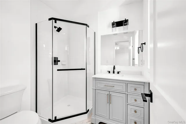 a bathroom with a shower sink vanity and mirror