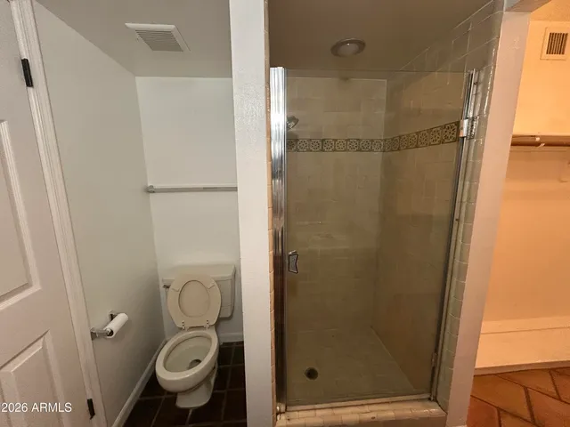 a bathroom with a shower and toilet