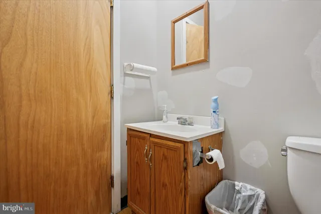 a bathroom with a sink toilet and mirror