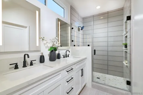 a bathroom with a sink and a shower
