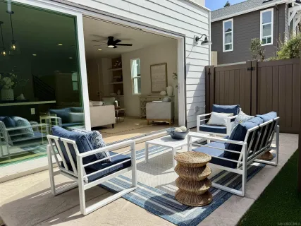 a building outdoor space with patio furniture