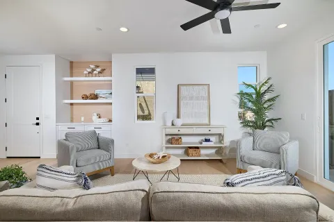 a living room with furniture and a potted plant