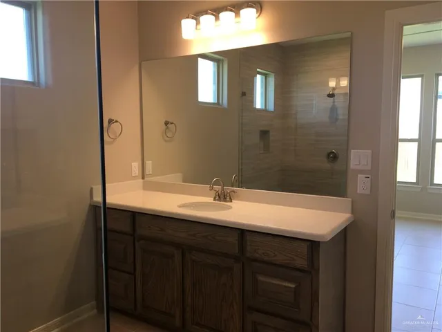 a bathroom with a sink a mirror and a shower