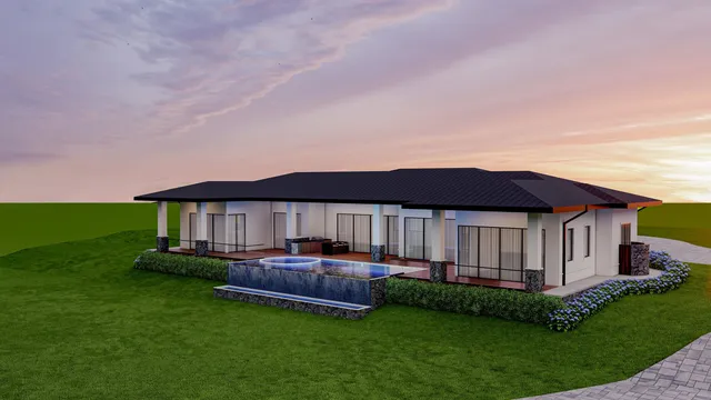 a view of a house with backyard and porch