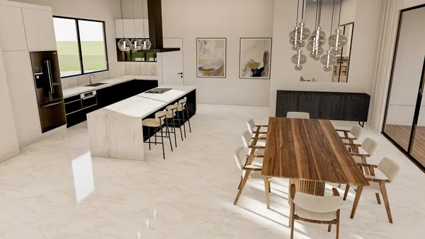 a dining room with furniture and wooden floor