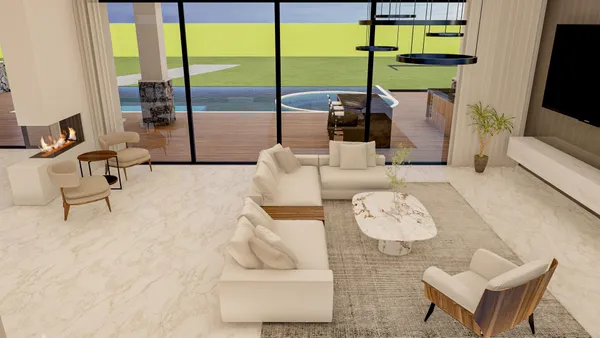 a living room with furniture and a floor to ceiling window