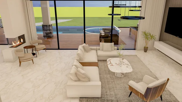 a living room with furniture and a floor to ceiling window