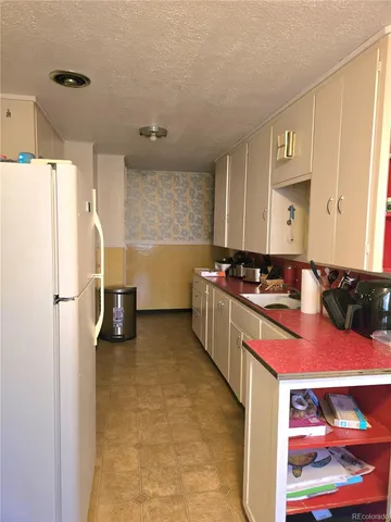 a kitchen with a refrigerator and a sink