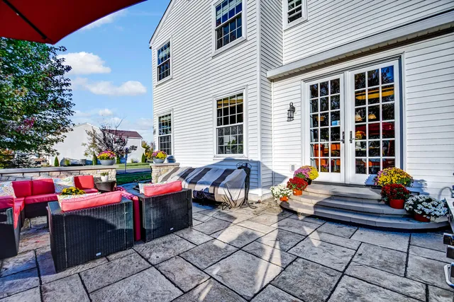 an outdoor space with seating