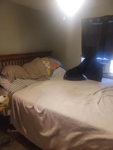 a bedroom with a bed and a window