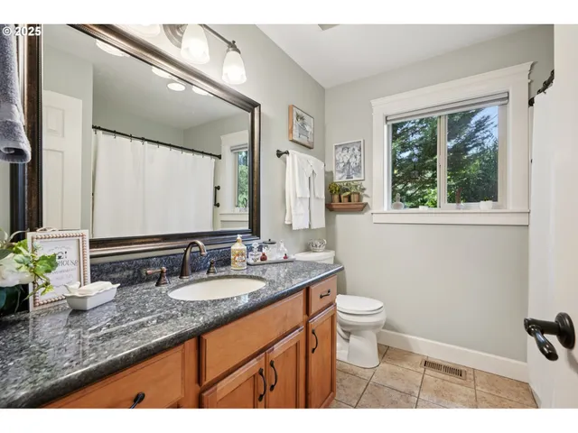 a bathroom with a granite countertop sink toilet and mirror